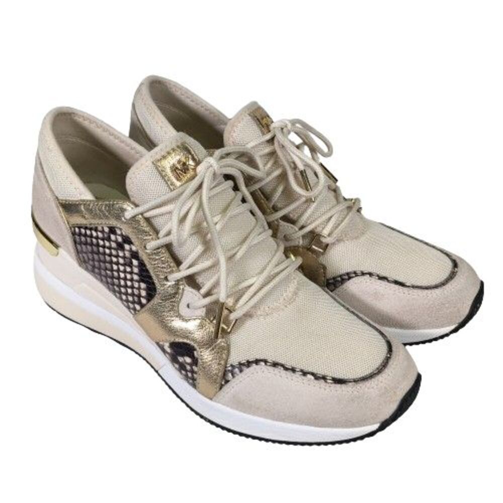 Michael Kors Liv Logo Trainer Extreme Wedge Ivory Brown Gold Womens Shoes Sz 8.5 - Picture 2 of 14